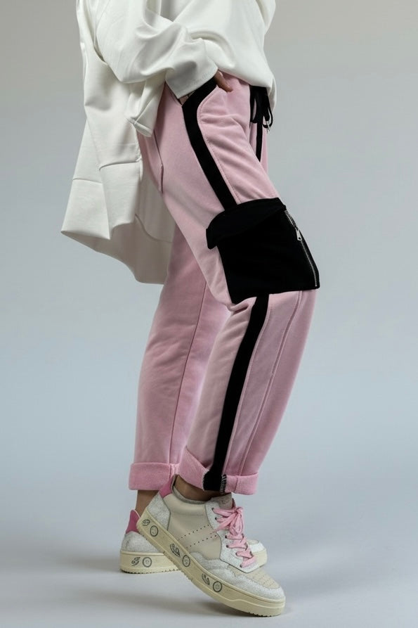 Hose mit Kontrastdetails & Reißverschlusstaschen-Rosa