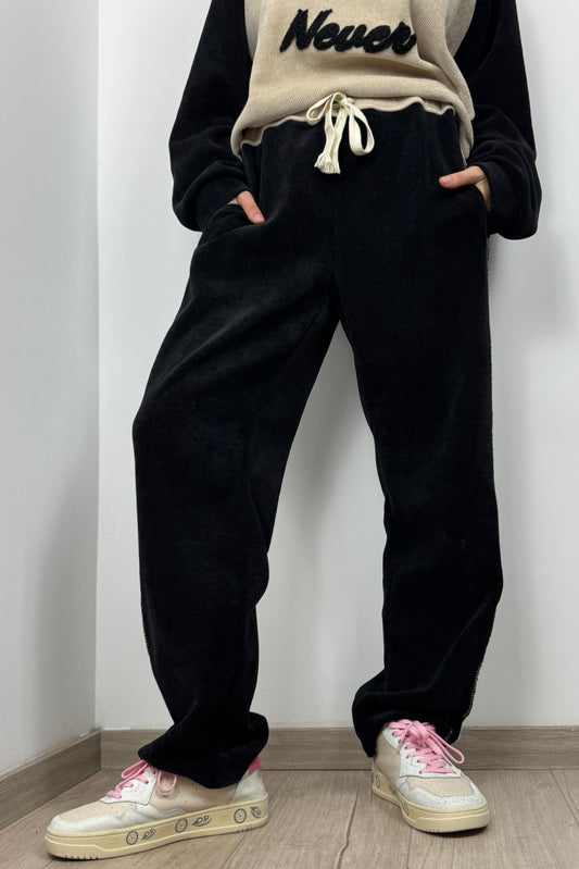 Bequeme Damenhose mit Seitendetails und Bindeband-Schwarz