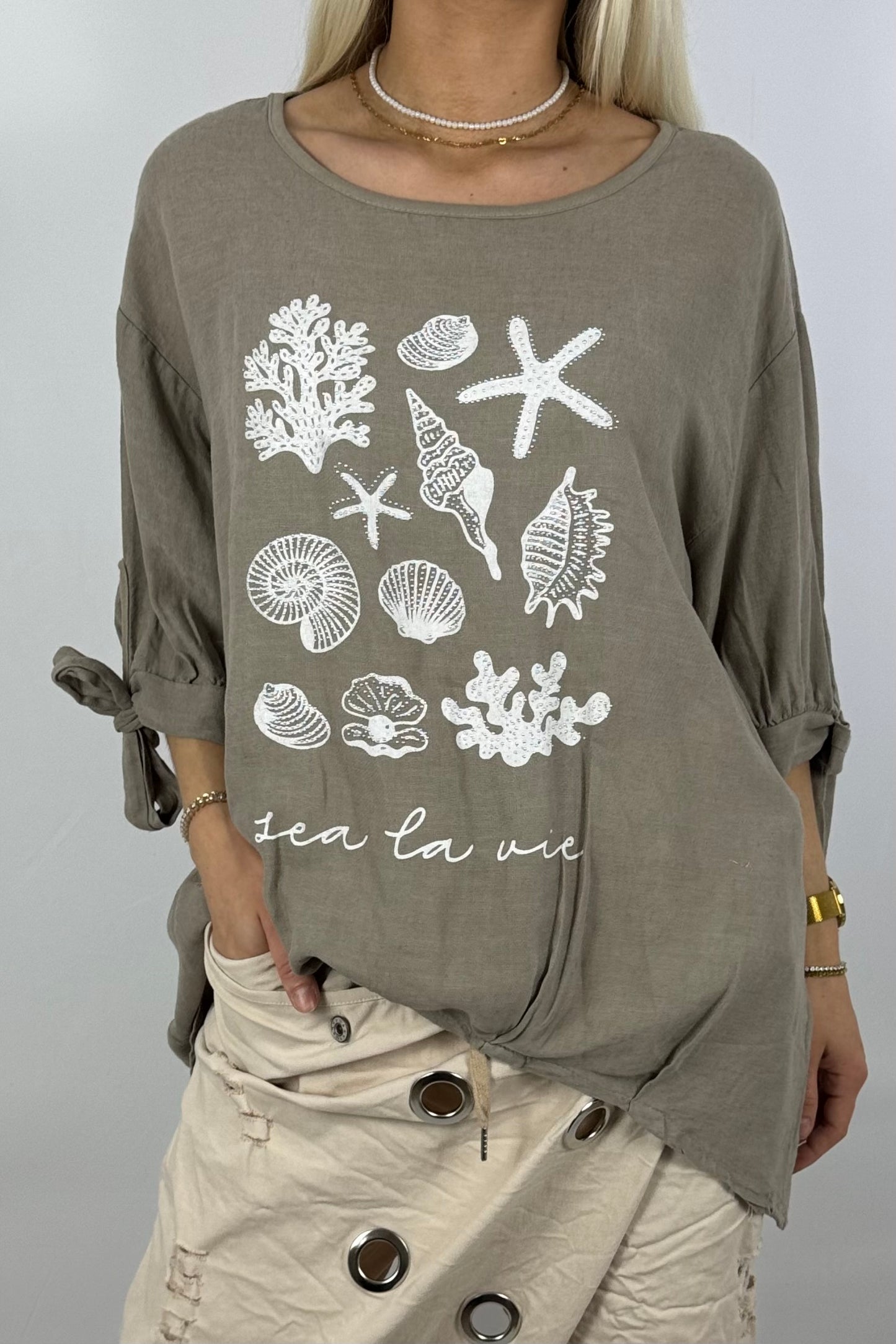 Leinenmix-Shirt „Sea La Vie“-Mud