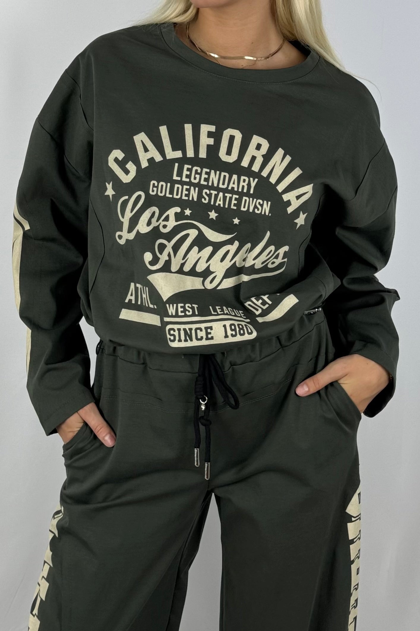 Damen Sweatshirt – California Los Angeles Print-Khaki