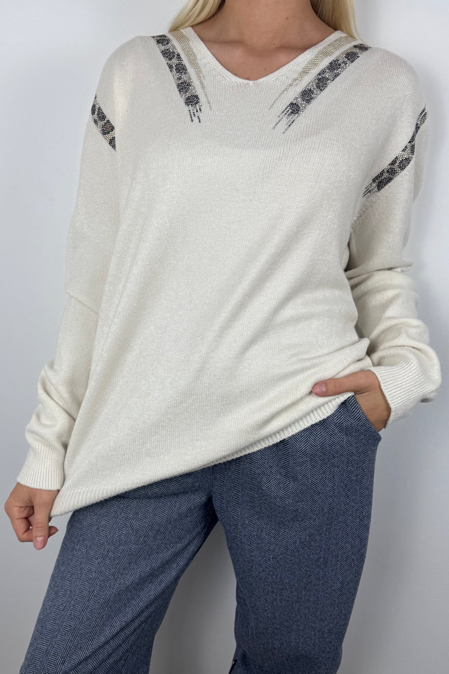 Feinstrick Pullover mit Glitzer-Details und V-Ausschnitt-Weiß