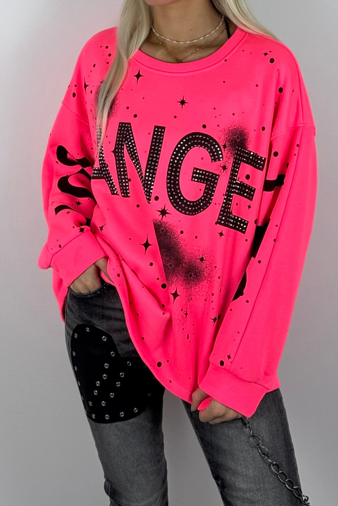 Damen-Sweatshirt mit „Los Angeles“-Schriftzug und Glitzersteinen - Neon Pink