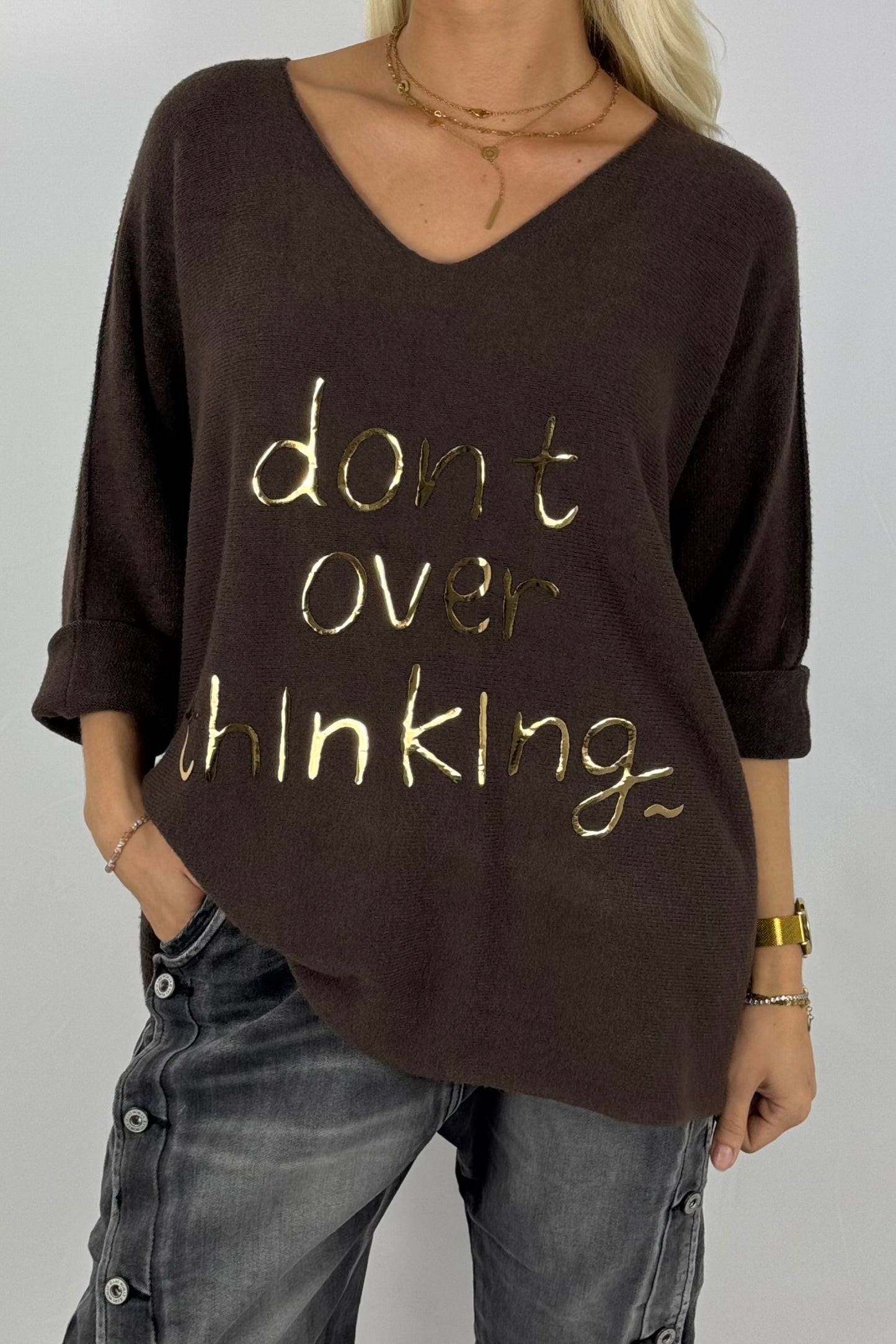 Damen Feinstrick-Pullover „Don’t Over Thinking“ – Schoko