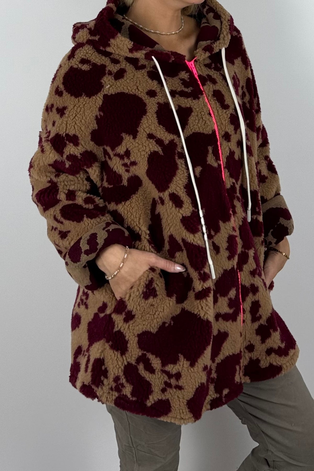 Damen Teddyjacke mit Kapuze-Bordeaux
