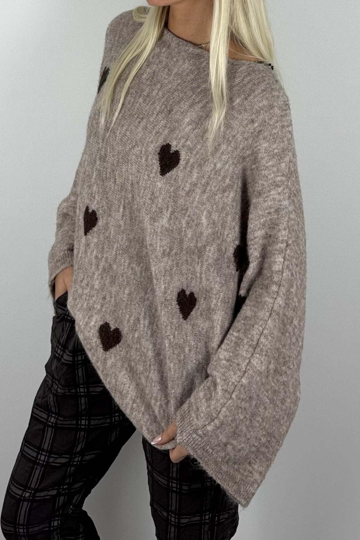 Damen Oversize-Strickpullover mit Herzmuster-Mud