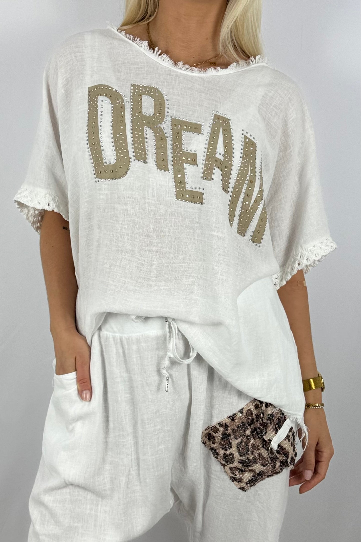 Leinen-Shirt „DREAM“ mit Strassdetails-Weiß