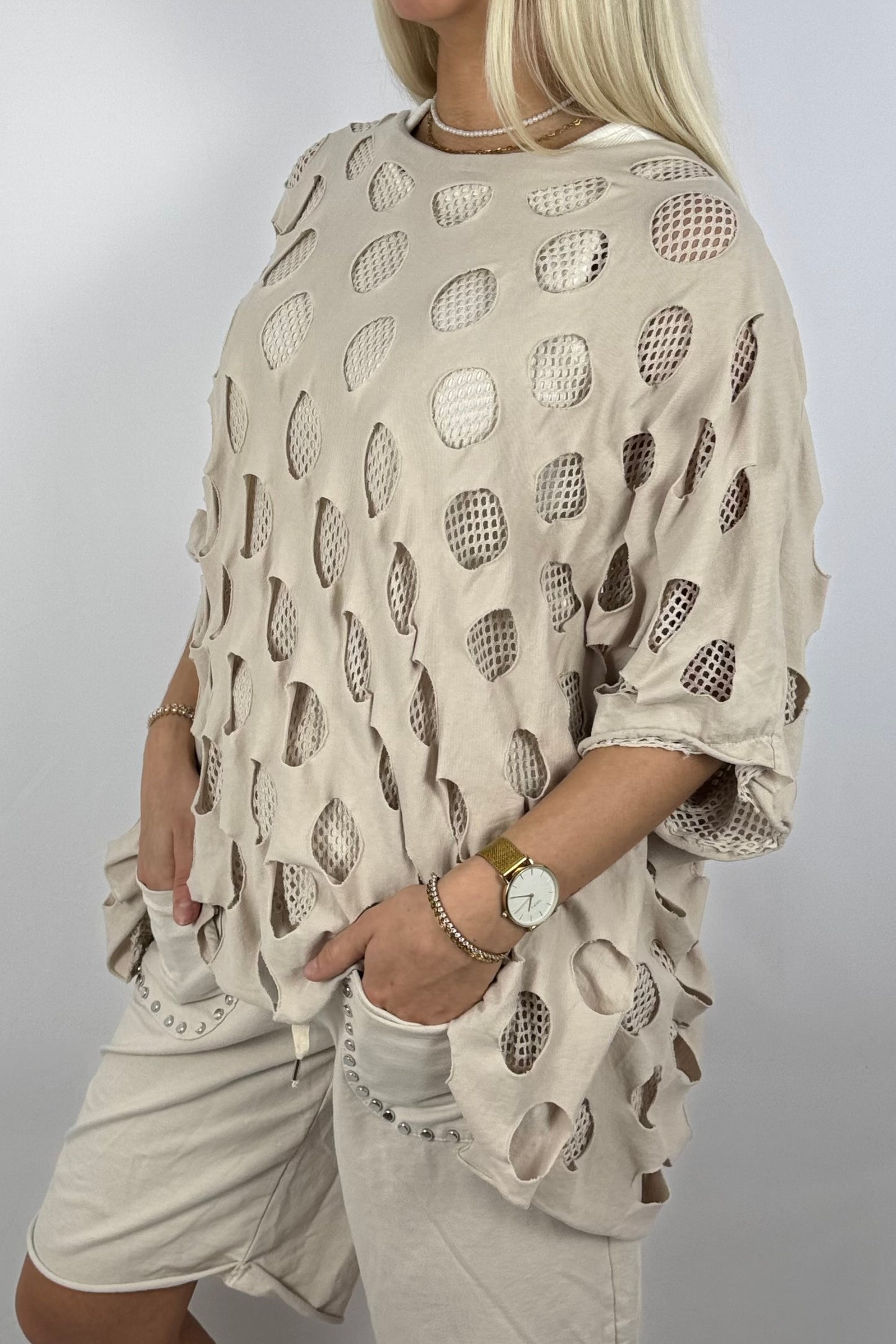 Oversize-Netzshirt aus Baumwolle-Beige