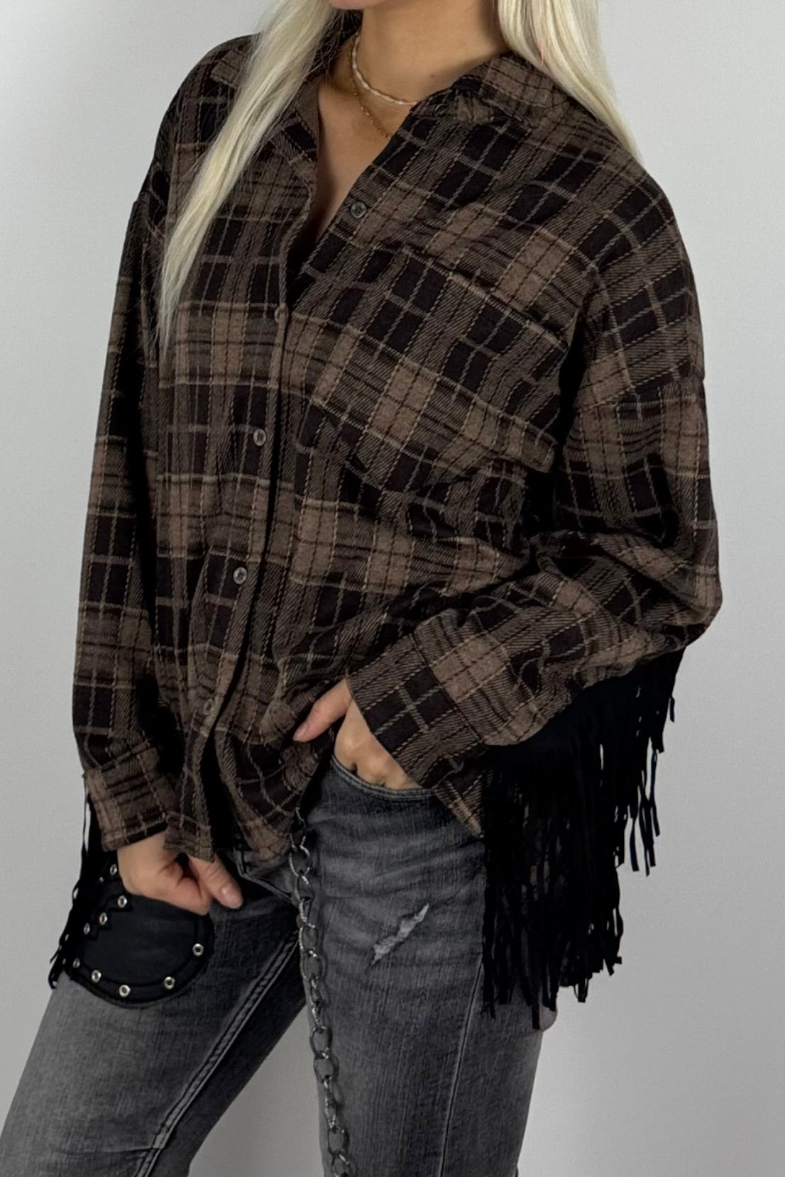 Damen-Karobluse mit Fransen-Schoko