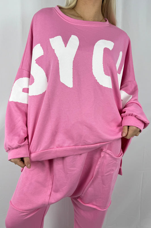 Oversize Sweatshirt mit Schriftzug „PSYCHO“-Rosa