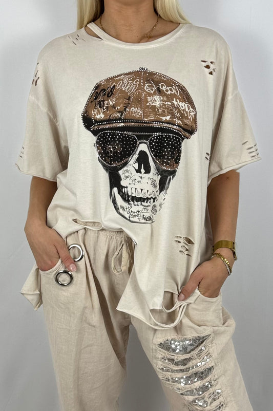 Oversize Shirt mit Skull-Print & Destroyed-Look-Beige