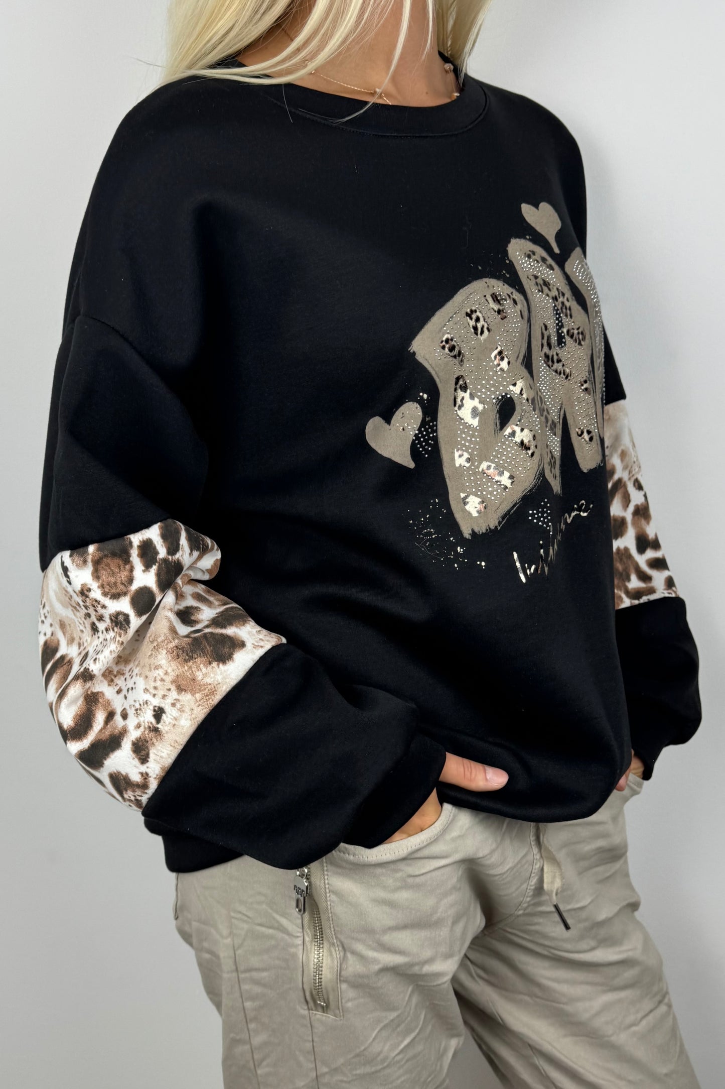 Oversize Sweatshirt mit Print & Animal-Details –Schwarz