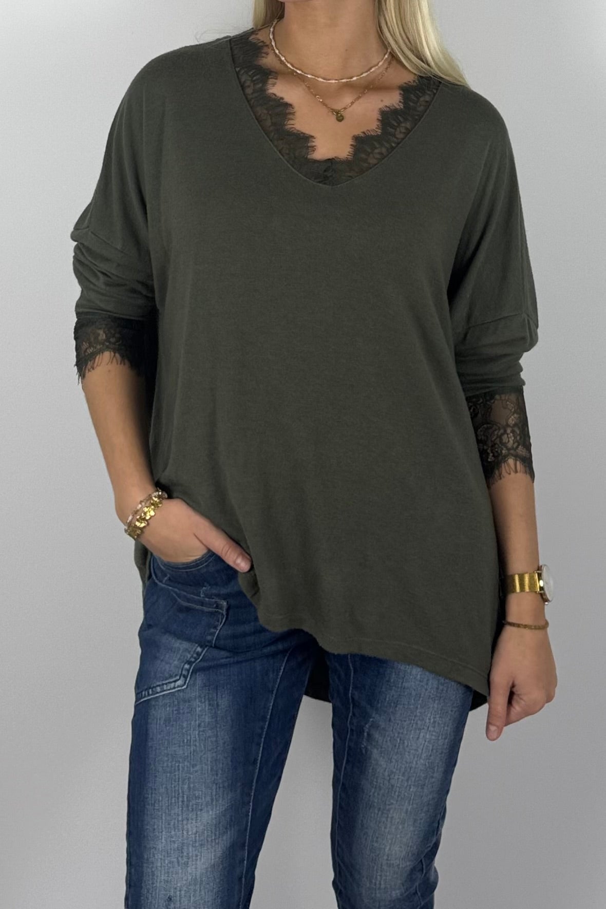Damen Oversize Shirt mit Spitzen-Details –Khaki