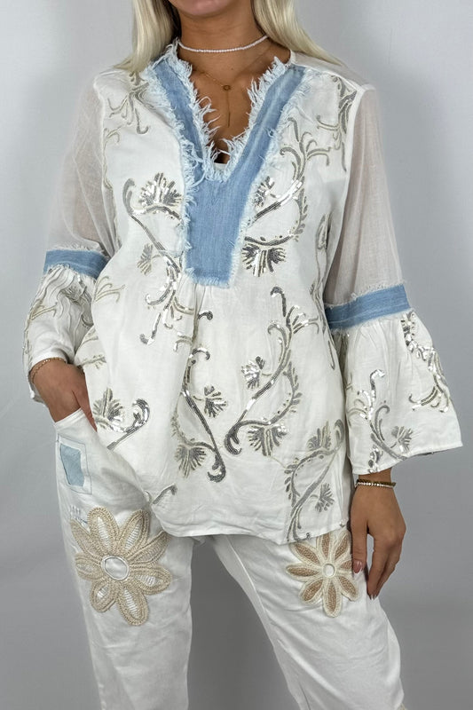 Boho-Bluse mit Paillettenstickerei-Weiß