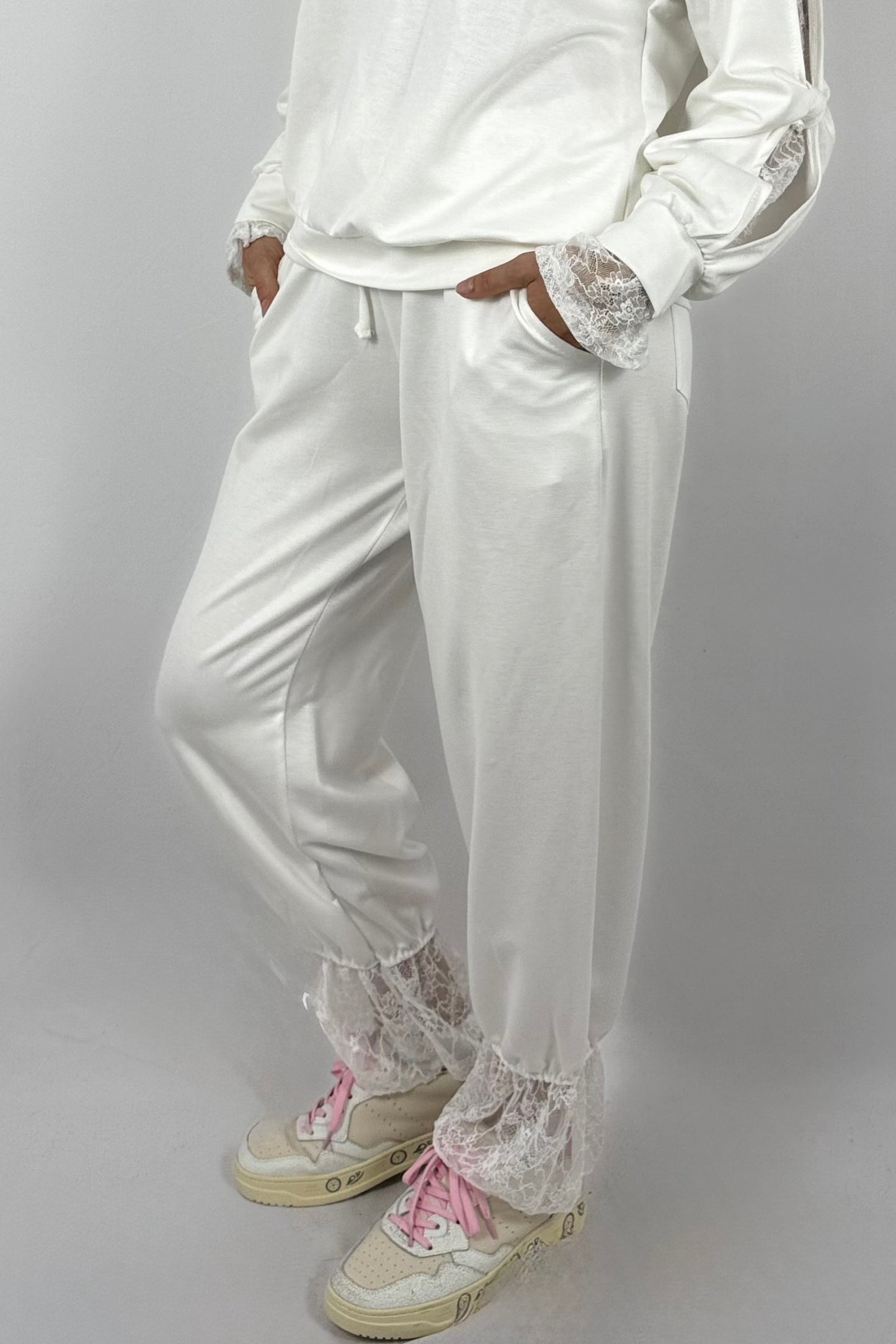 Damen Hose mit Spitze – Oversize-Weiß
