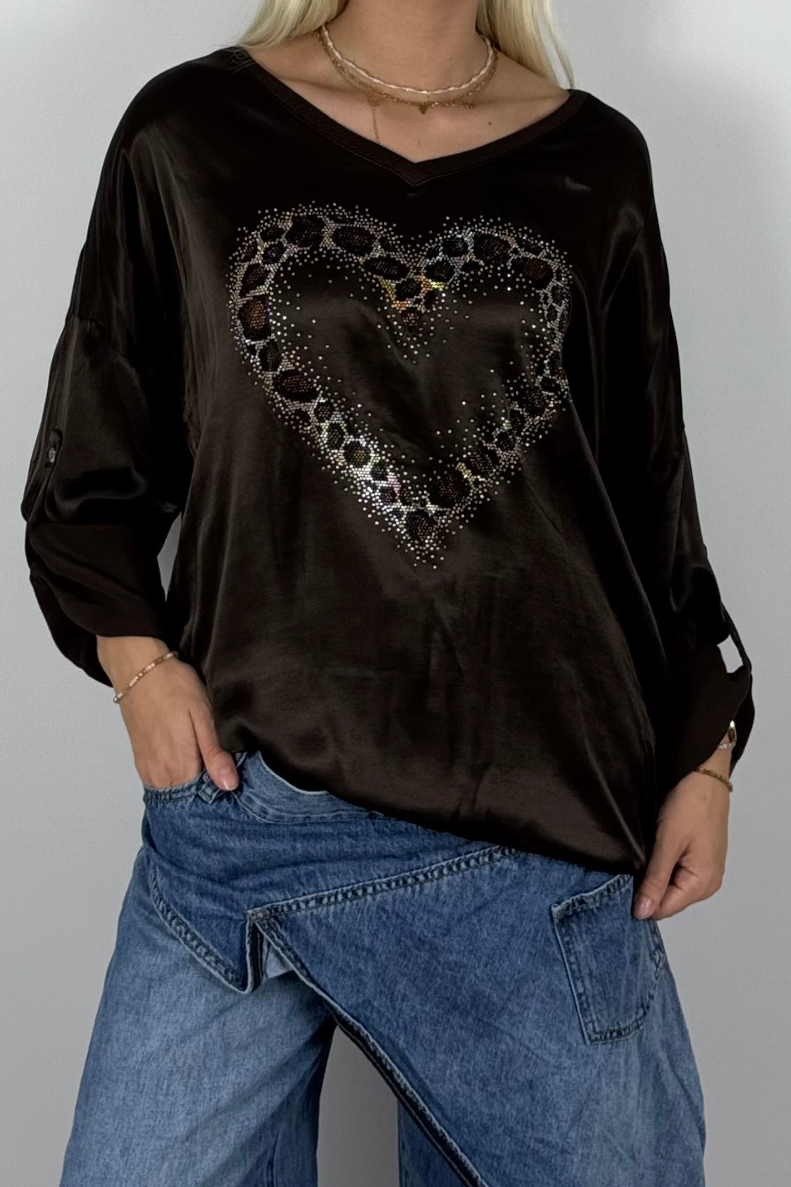 Damen Oversize Shirt mit Herz & Glitzer – Schoko