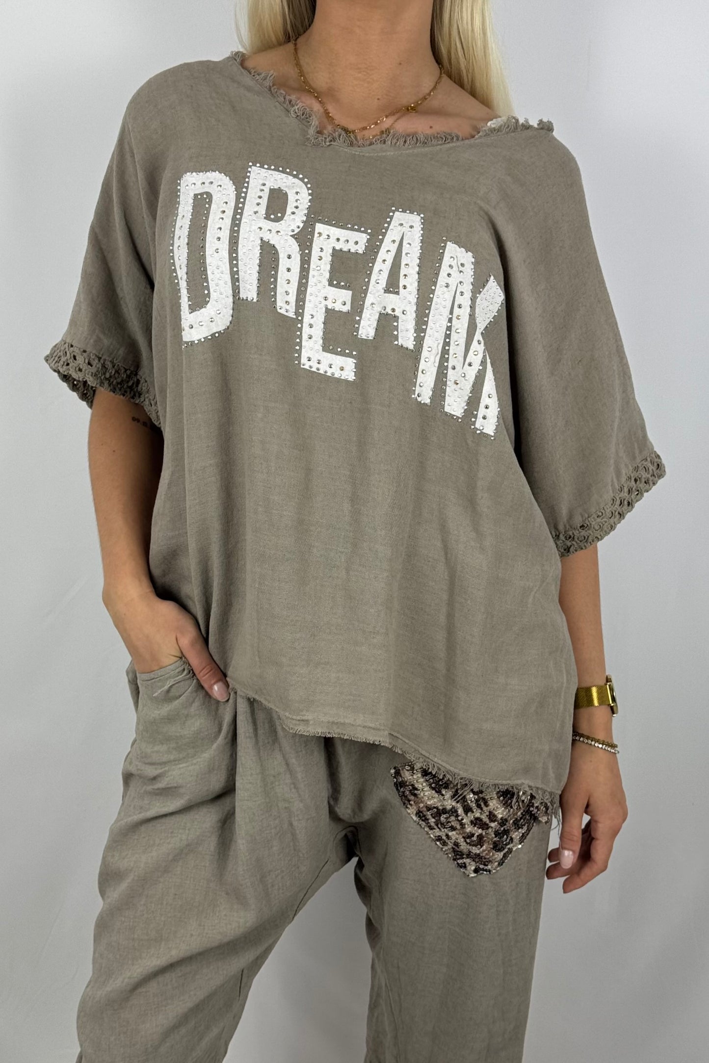 Leinen-Shirt „DREAM“ mit Strassdetails-Mud