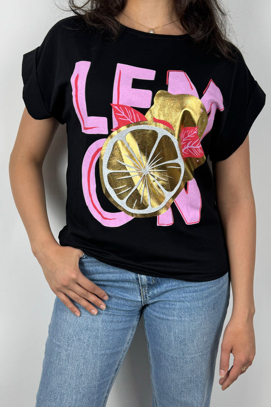 Sommer T-Shirt mit Glanzeffekt & Metallic-Print – „LEMON“-Design