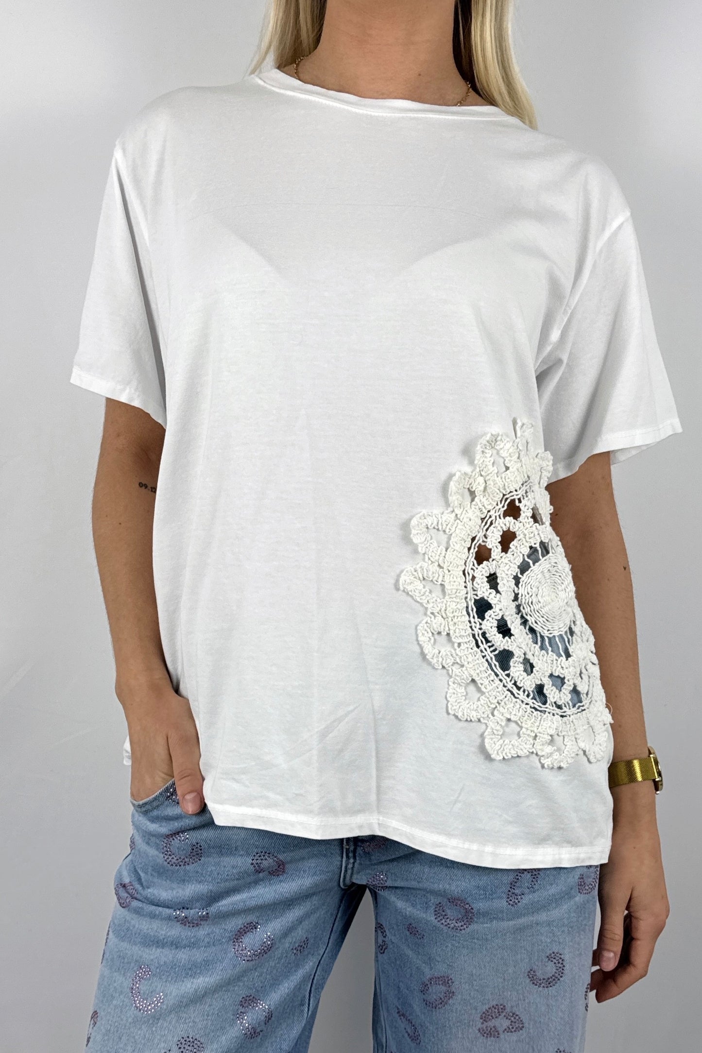Shirt mit großem Häkel Muster-Weiß