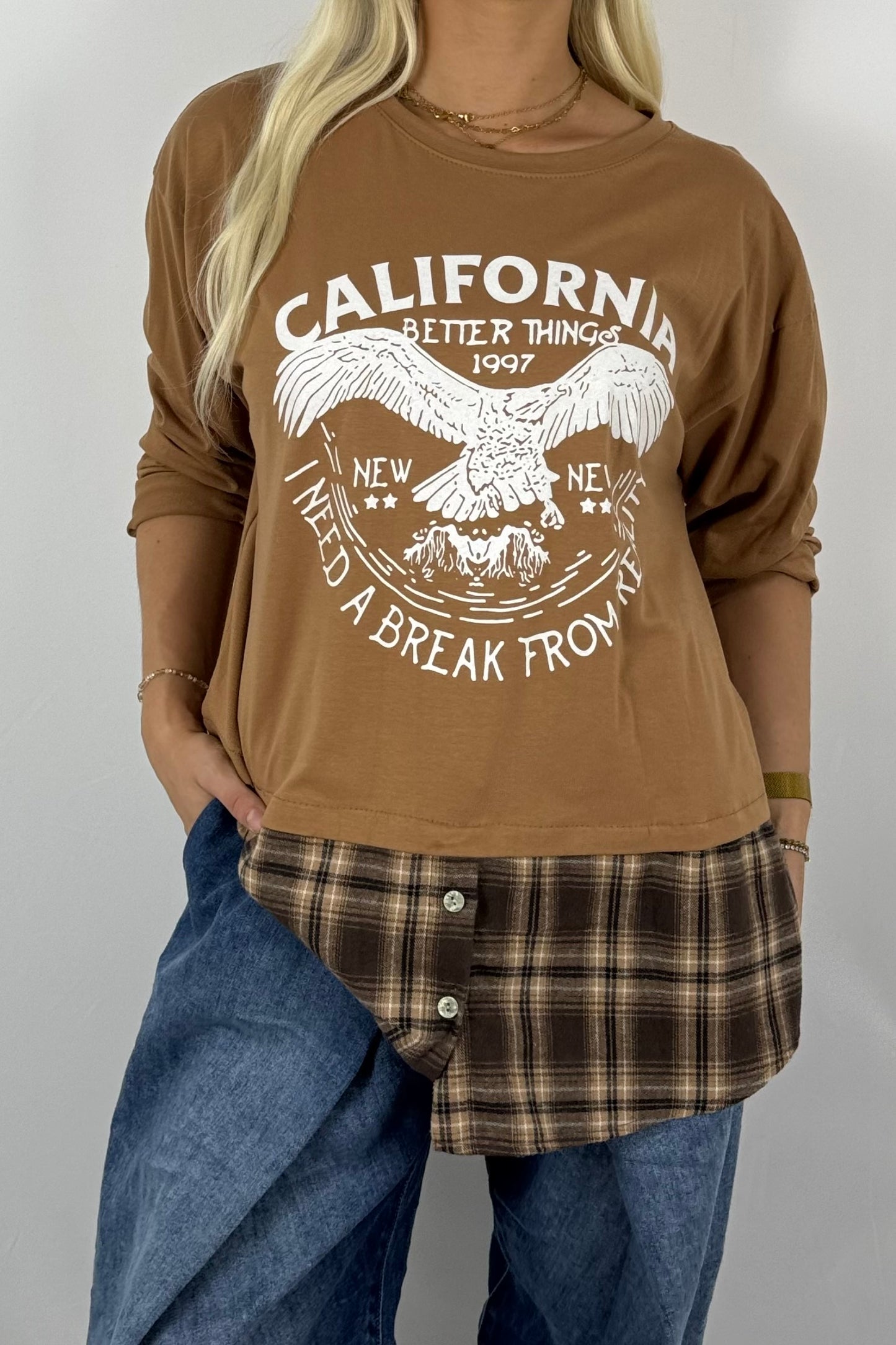 Damen Layering-Shirt „California“ – Karomuster-Look-Kamel