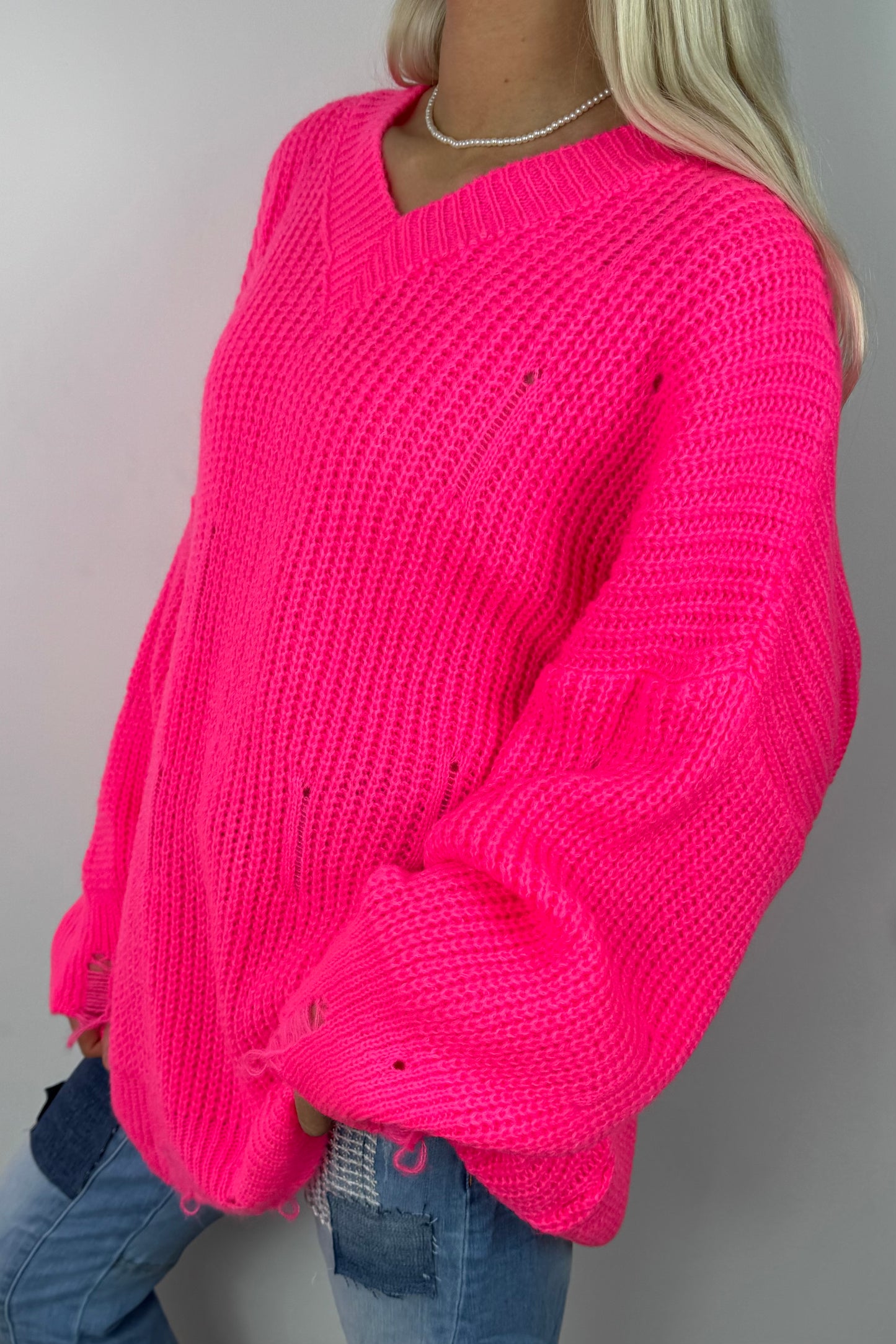 Oversize Strickpullover mit V-Ausschnitt – Pink