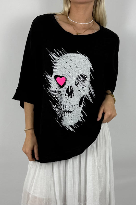 Oversize Shirt mit Skull & Herz Print – Leinenmix-Schwarz