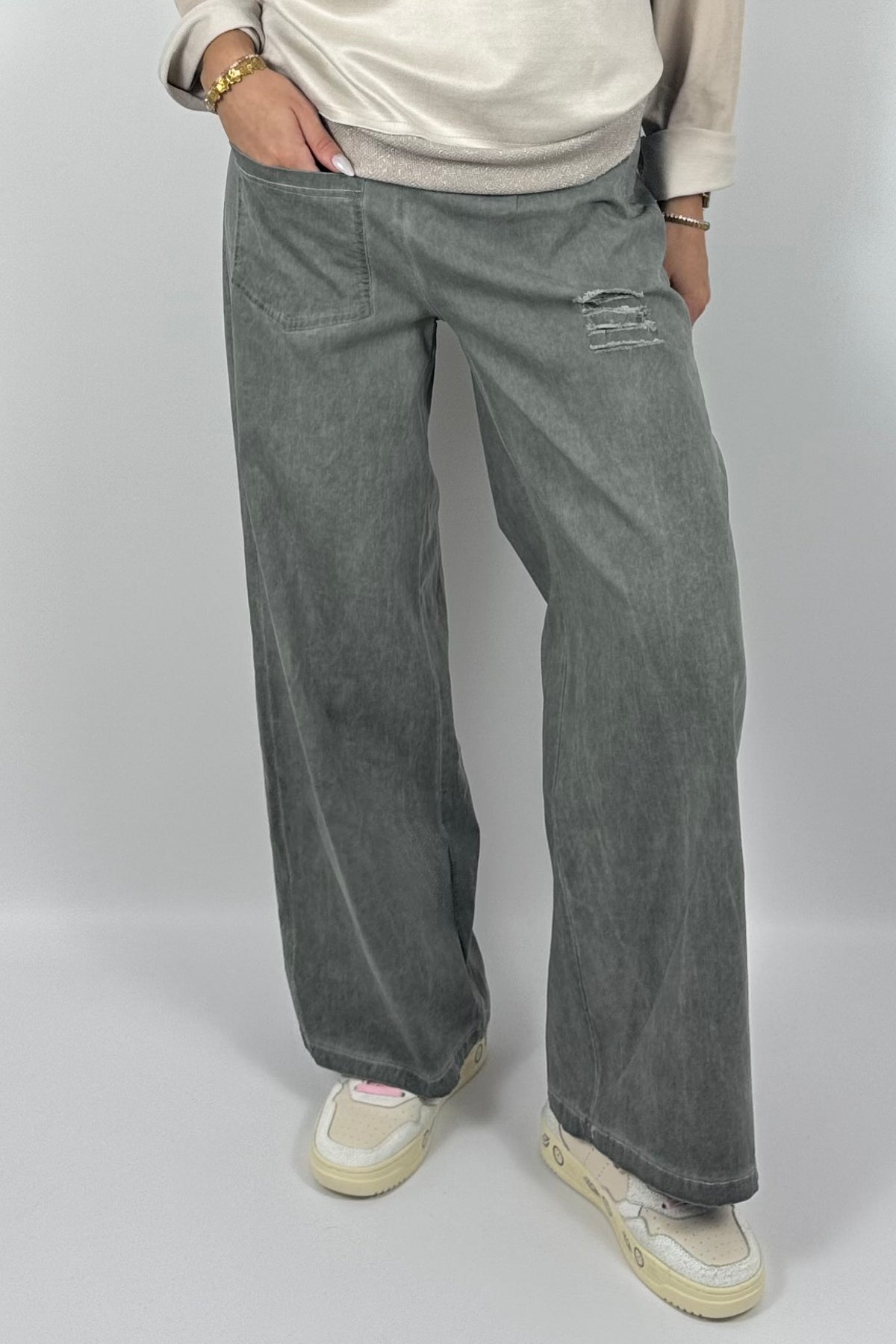Damen Wide-Leg Hose mit Destroyed-Details – Khaki