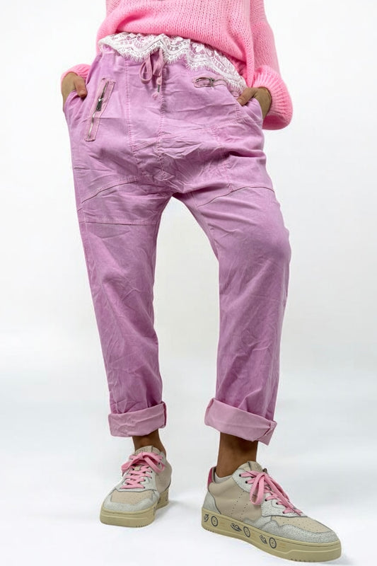 Hose mit elastischem Bund & Reißverschlusstaschen-B-Pink
