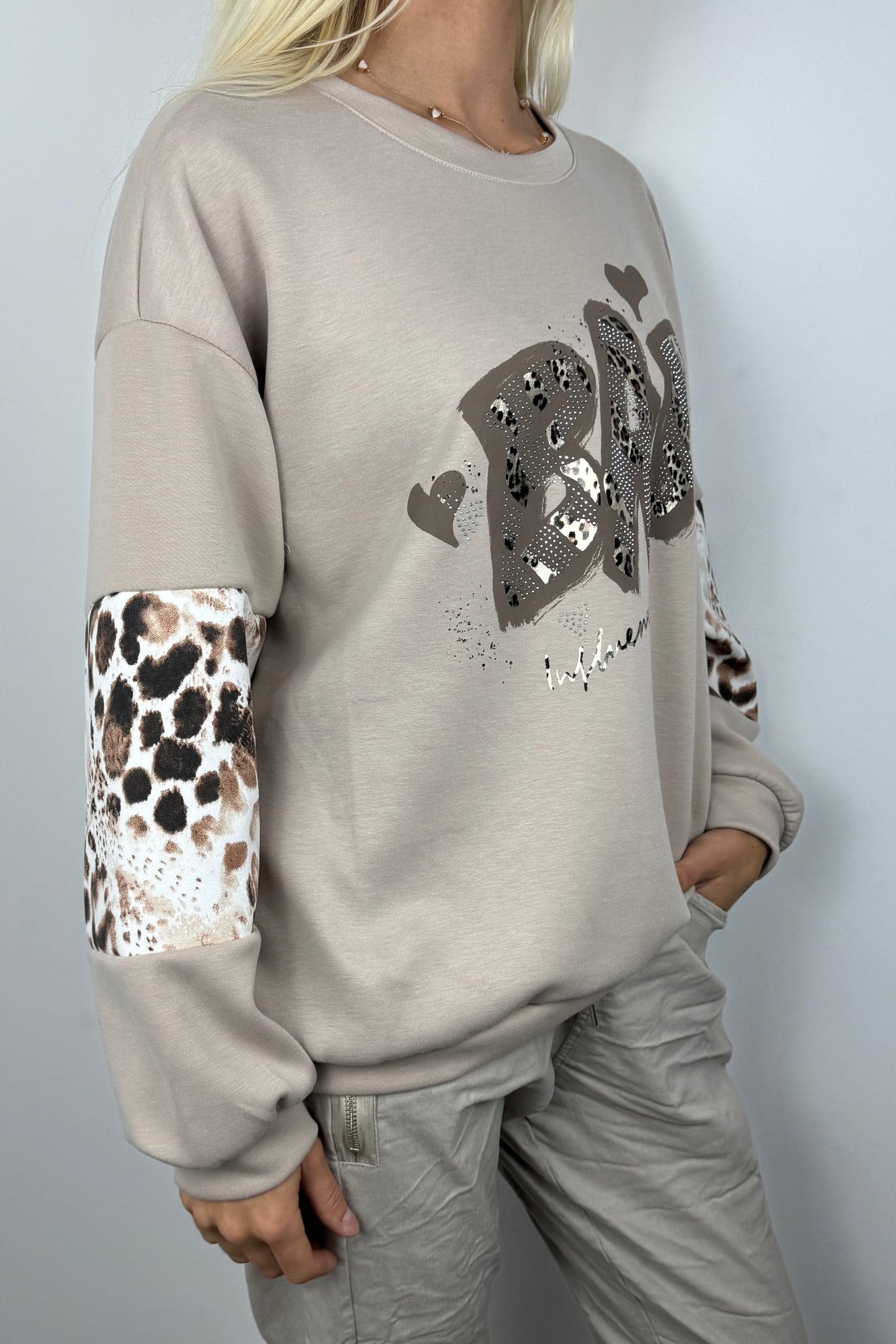 Oversize Sweatshirt mit Print & Animal-Details –Beige