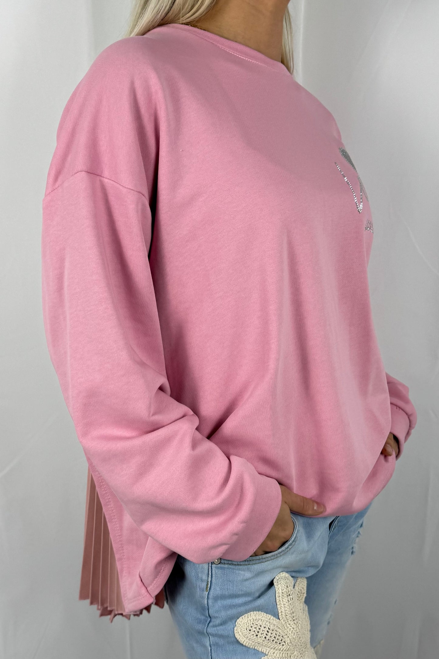 Damen Sweatshirt mit Glitzer Herz & Plissee Einsatz-Rosa
