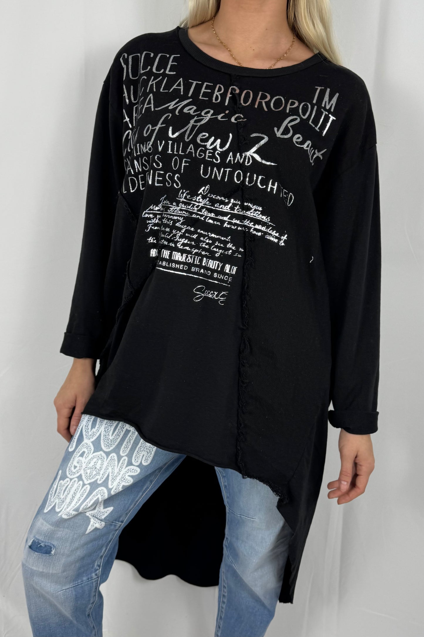 Damen Oversize Longshirt mit Schrift Print-Schwarz