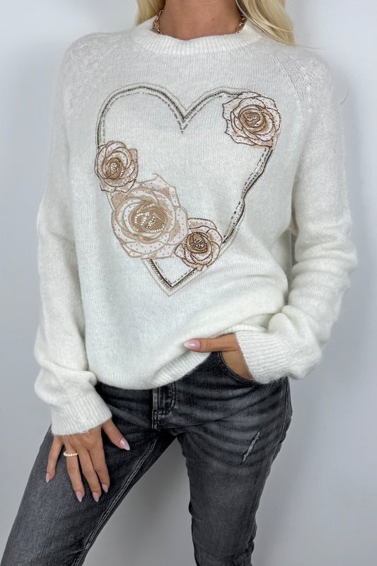 Pullover mit Herz- und Rosen-Design-Weiß