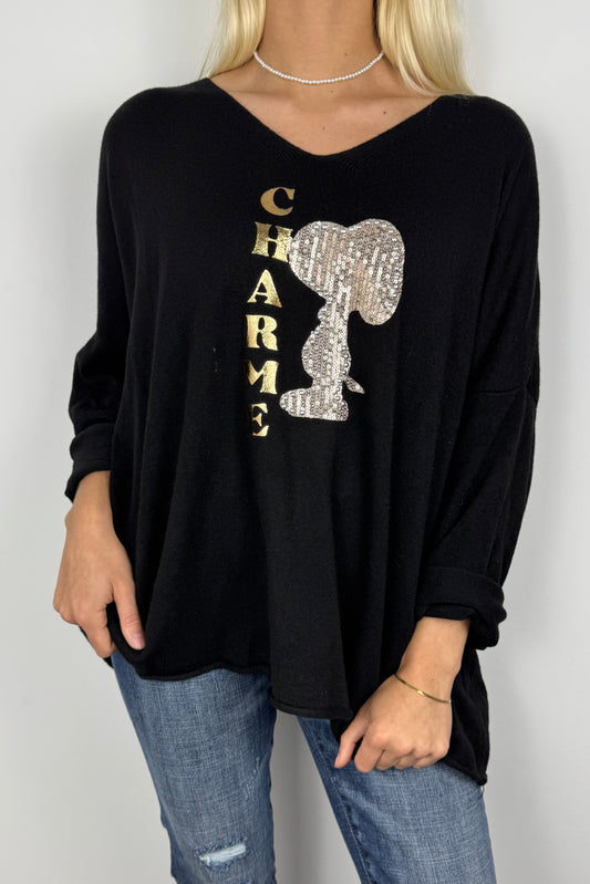 Damen Shirt mit V-Ausschnitt und Glitzer-Applikation –Schwarz