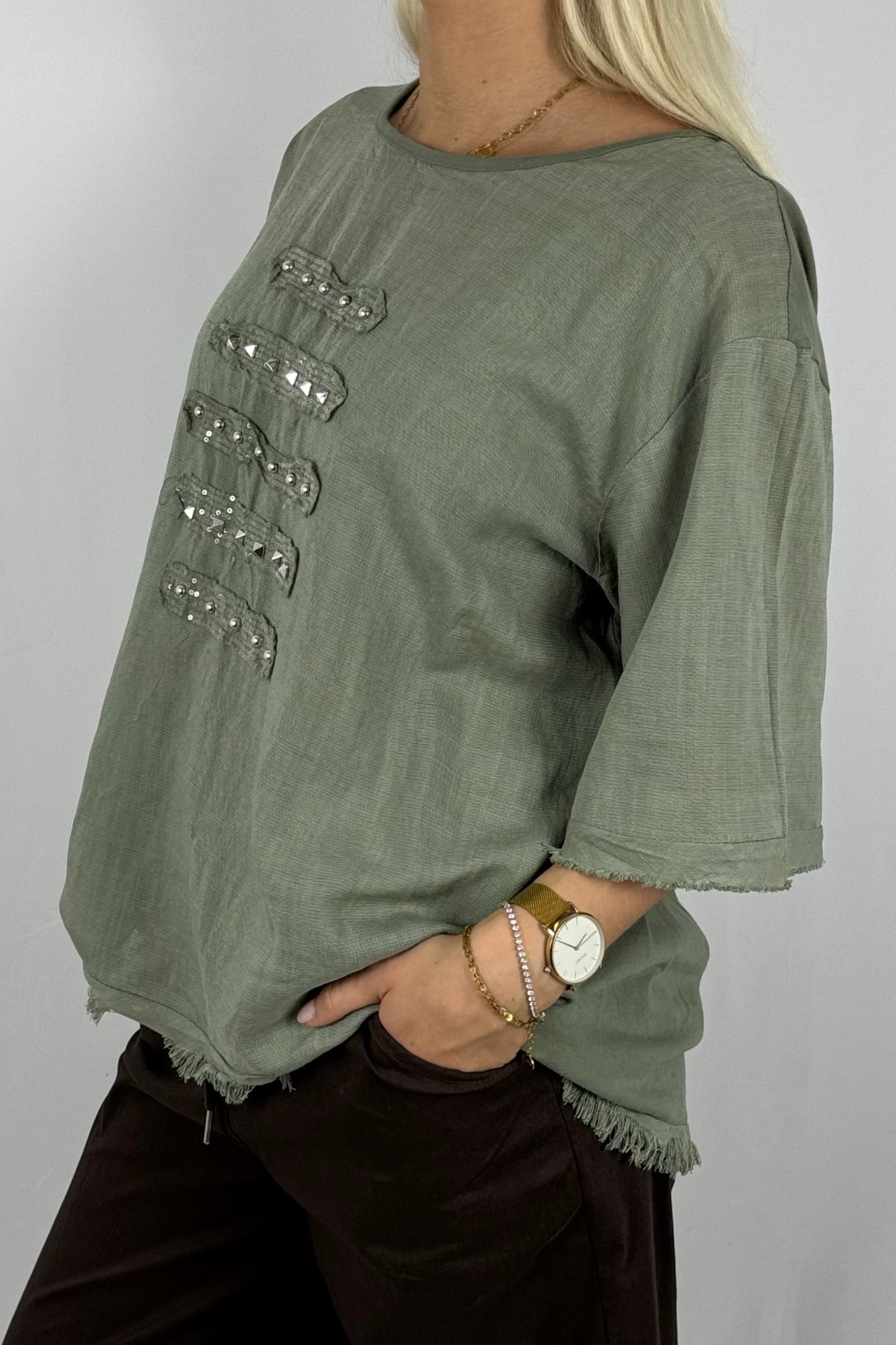 Leinen-Shirt mit Fransen & Nieten-Details-Khaki