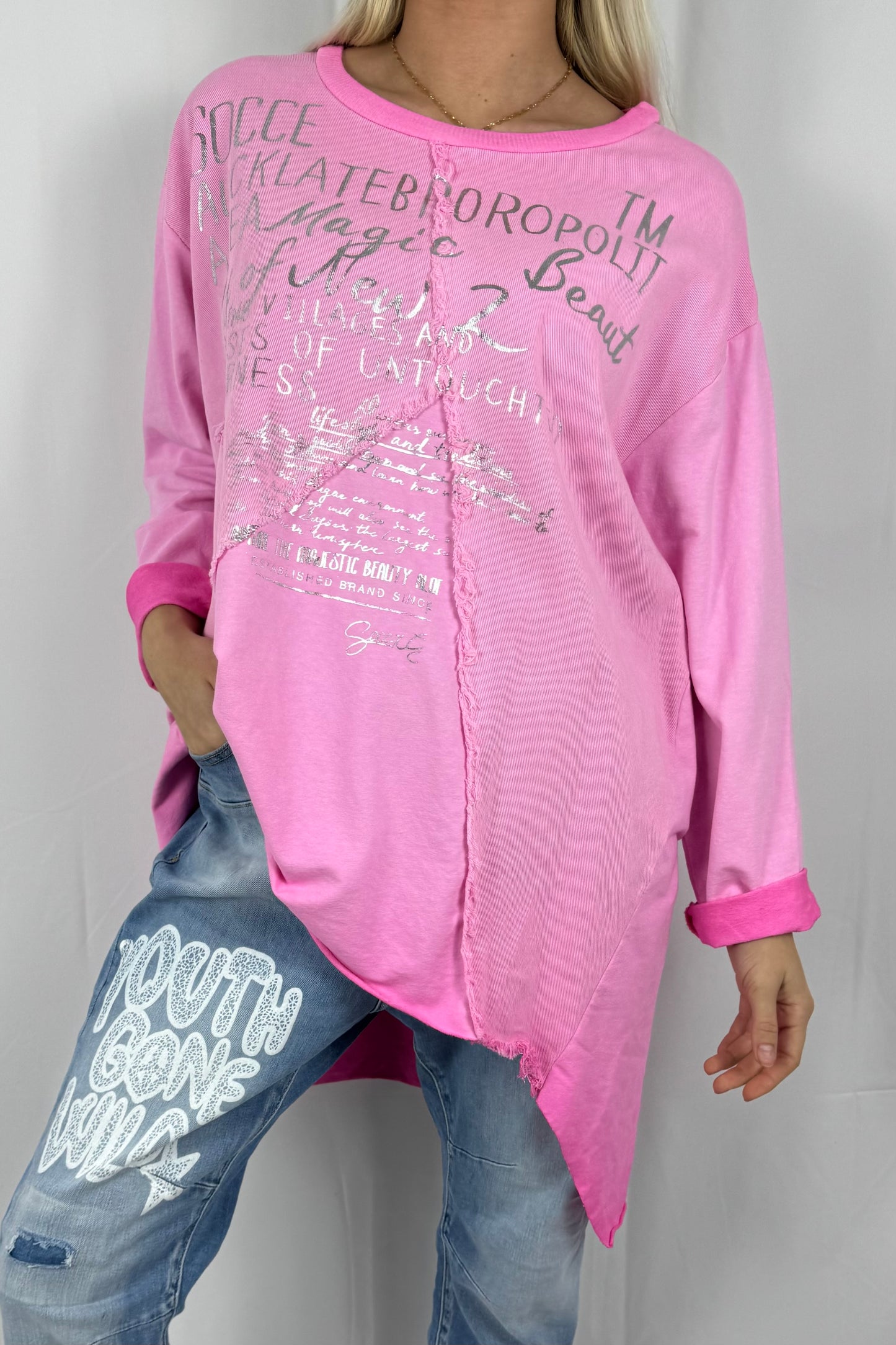 Damen Oversize Longshirt mit Schrift Print-Pink