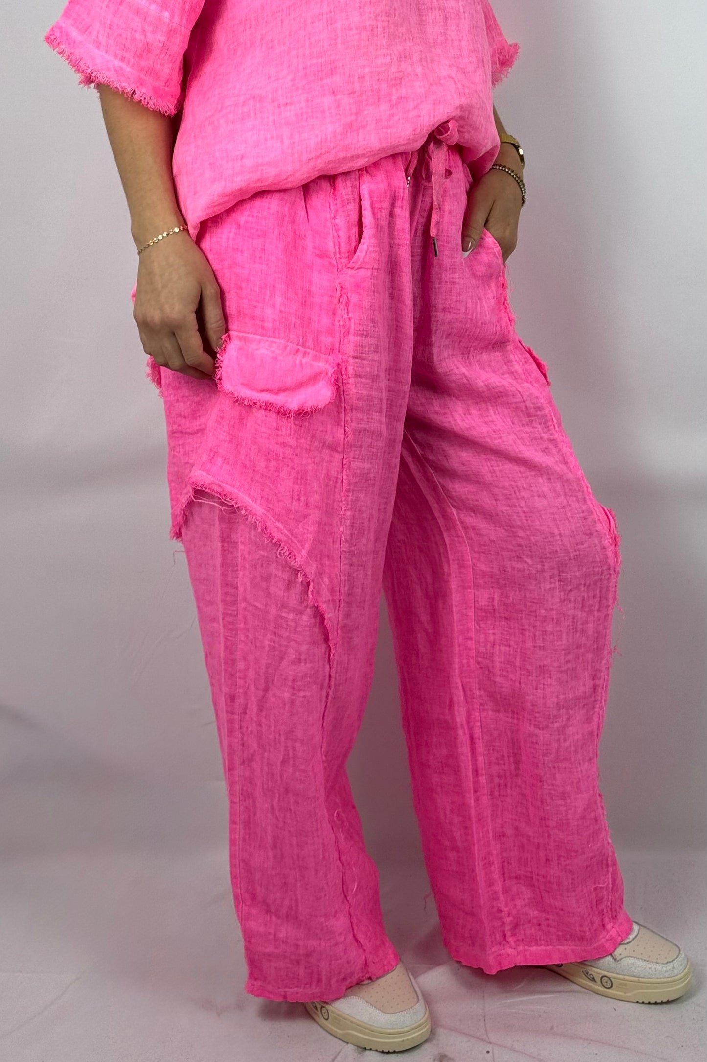 Leinenhose mit fransigen Details-Neon Pink