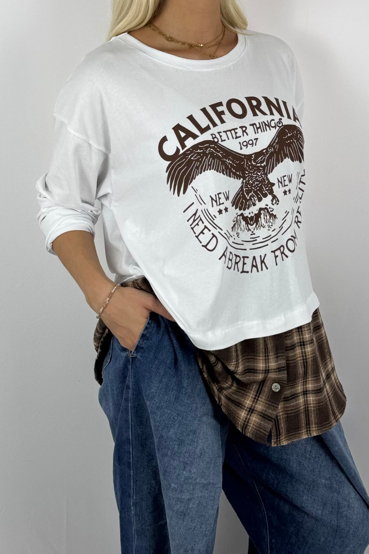 Damen Layering-Shirt „California“ – Karomuster-Look-Weiß