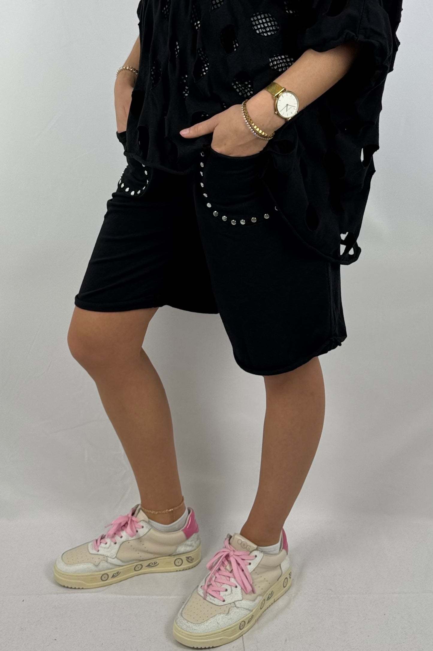 Baumwoll-Shorts mit Nieten-Details-Schwarz