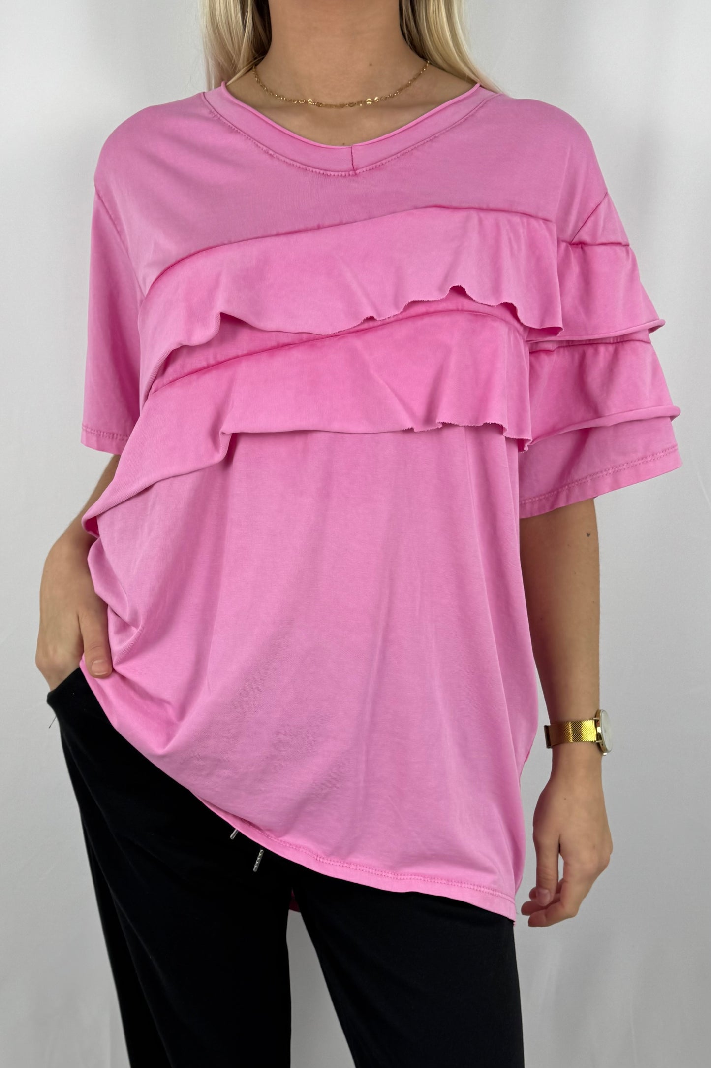 Damen Shirt mit Volant Detail und V Ausschnitt-Pink