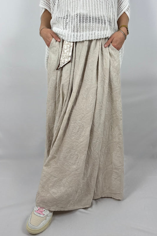 Boho Midi Rock mit Stickerei & Gürtel – Baumwolle -Beige