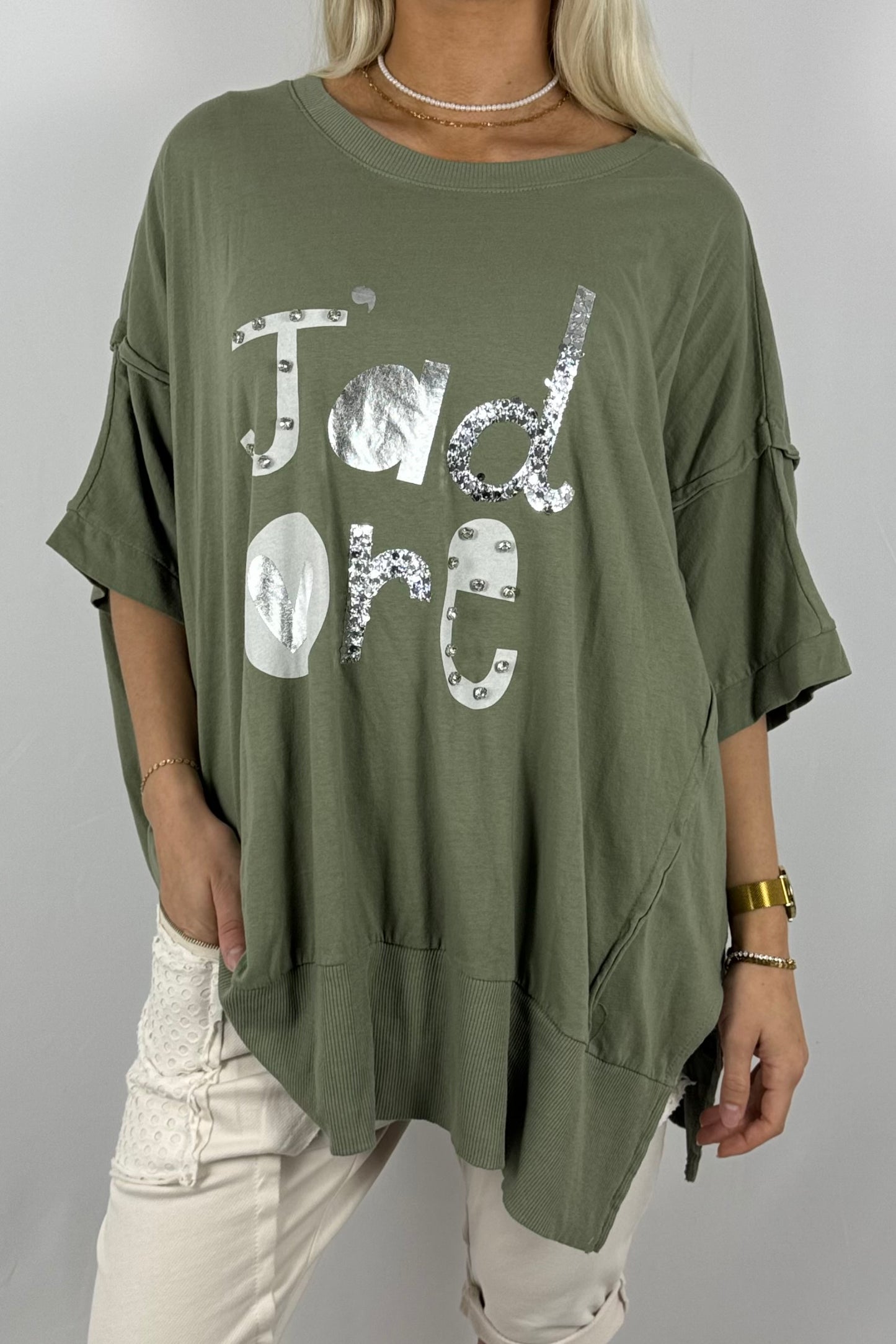 Oversize-Shirt „J’adore“ mit Glitzer-Print-Khaki
