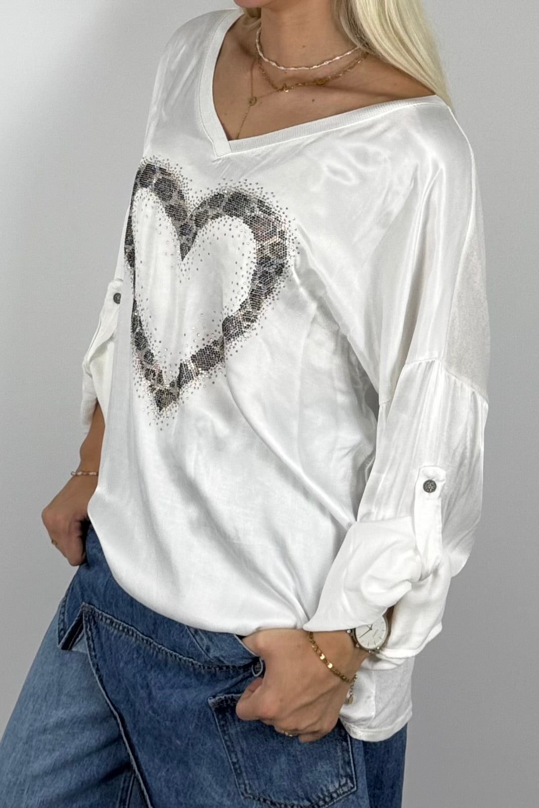 Damen Oversize Shirt mit Herz & Glitzer – Weiß