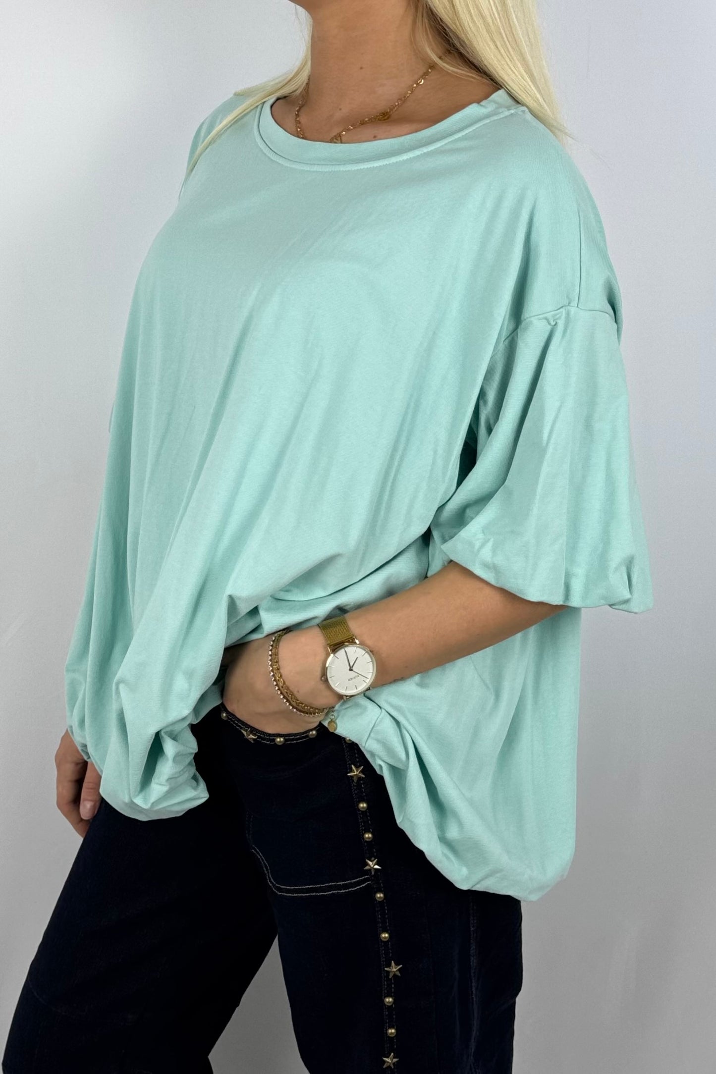 Basic Oversize Shirt mit Puffärmeln – Mint