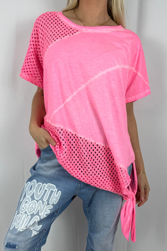 Damen Oversize Shirt mit Netz Einsatz und Bindeband-Neon Pink