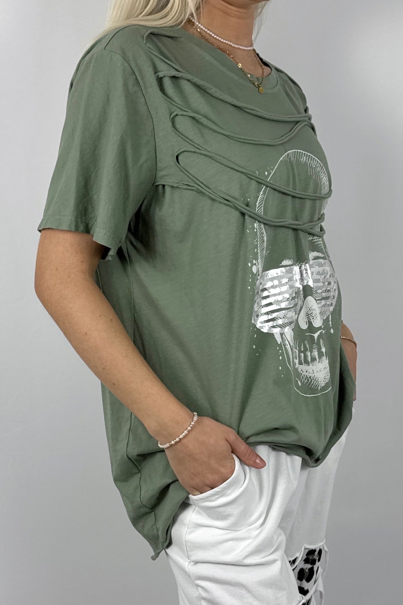 Oversize Shirt mit Skull Print – Moderner Streetstyle-Khaki