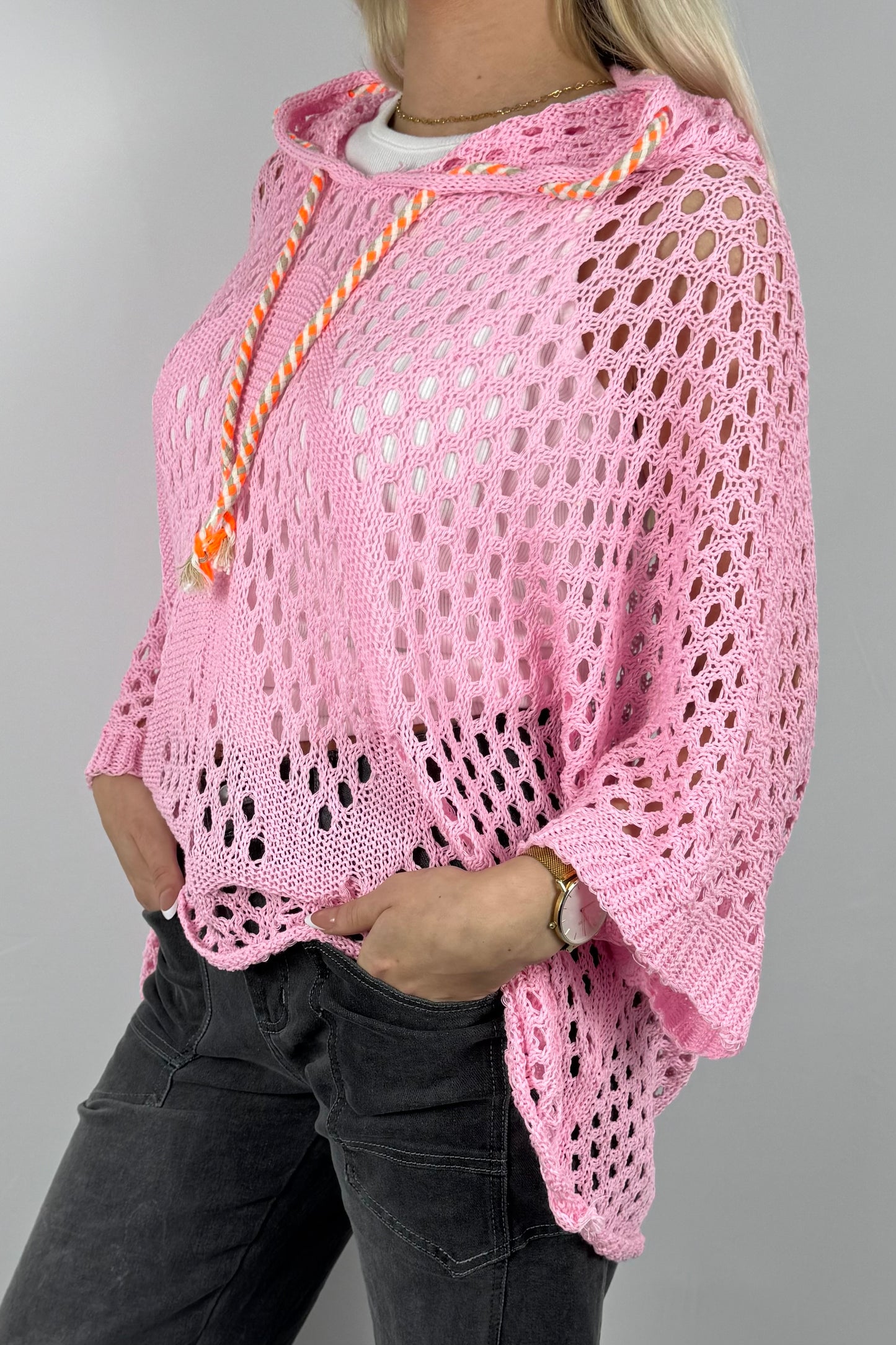 Häkel Hoodie Shirt mit Lochmuster Damen-Rosa