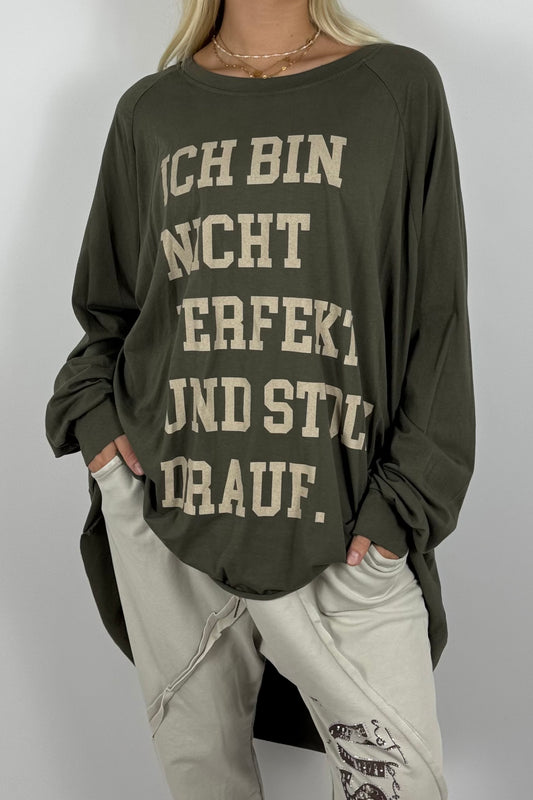 Oversize Longshirt mit Statement-Print - Khaki