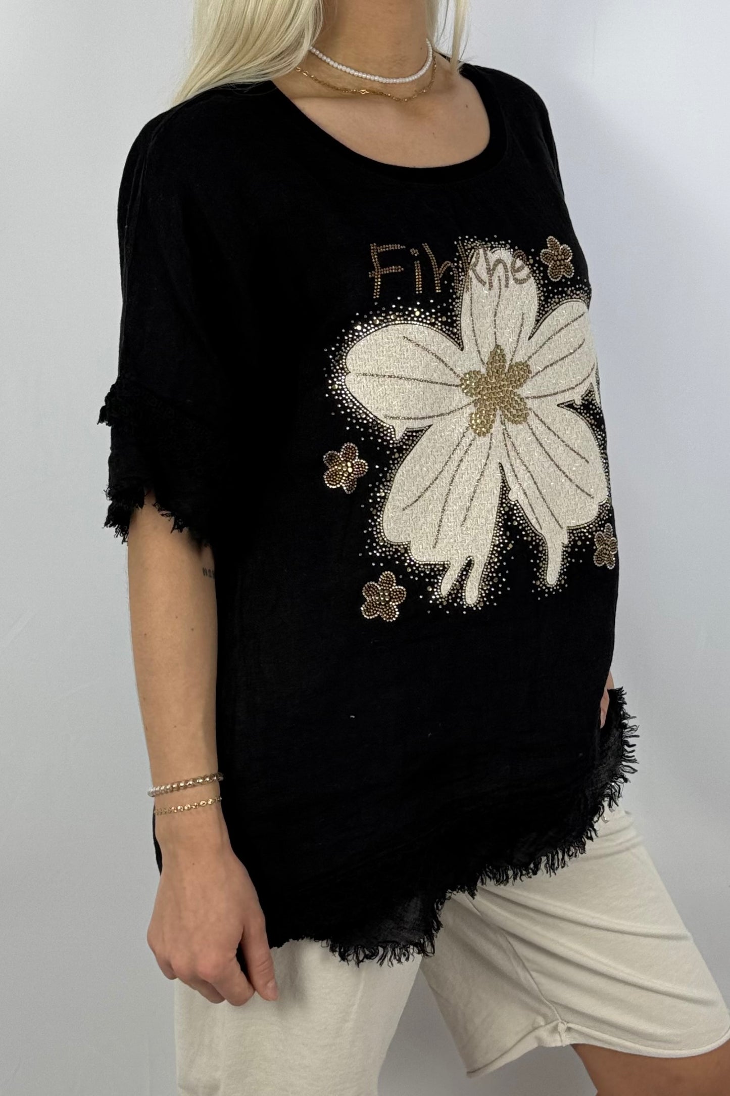 Leinen-Shirt mit Blumenprint & Häkel-Details-Schwarz