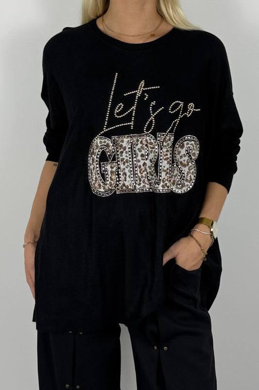 Damen Oversize Shirt „Let’s Go Girls“ mit Leo-Print & Glitzersteinen-Schwarz