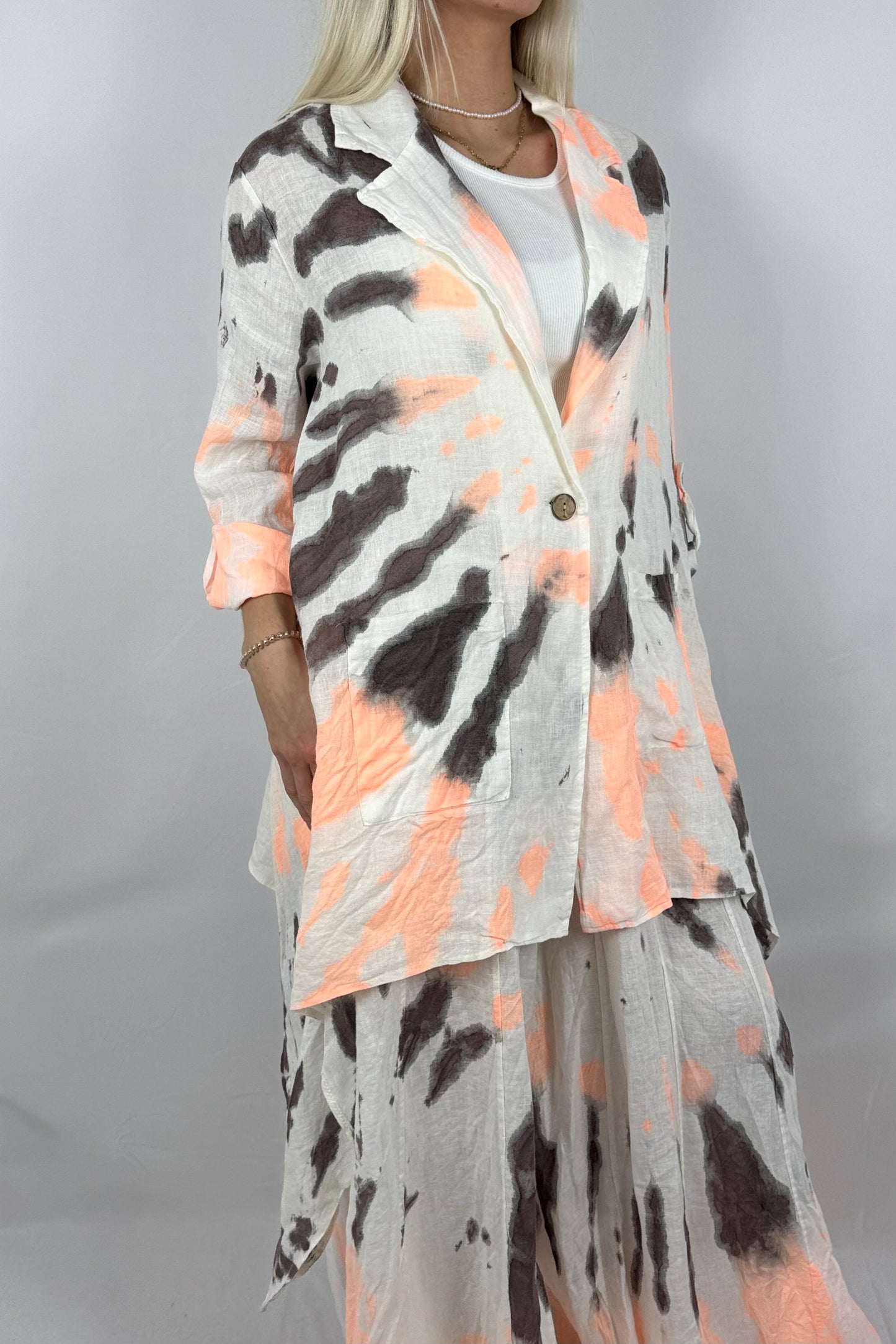 Leinen Bluse mit Batik Muster – Lockerer Oversize Style-Neon Orange