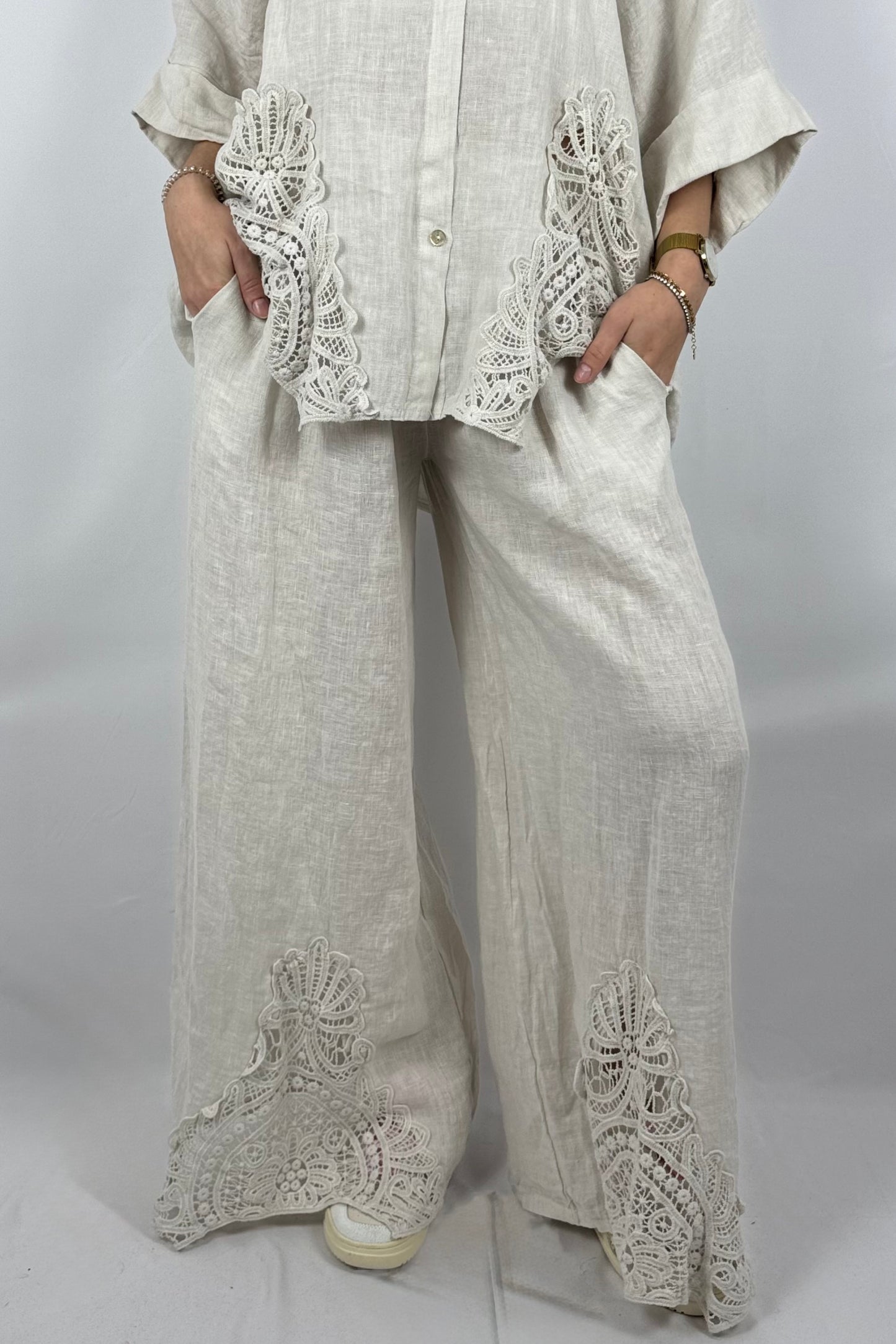 Leinen Hose mit Spitze – Luftiger Oversize Fit-Beige